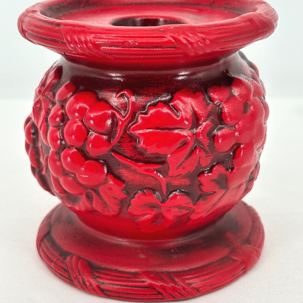 Vintage Red Ceramic Grape Vine Taper Candle Holder Embossed Japan Rustic Decor